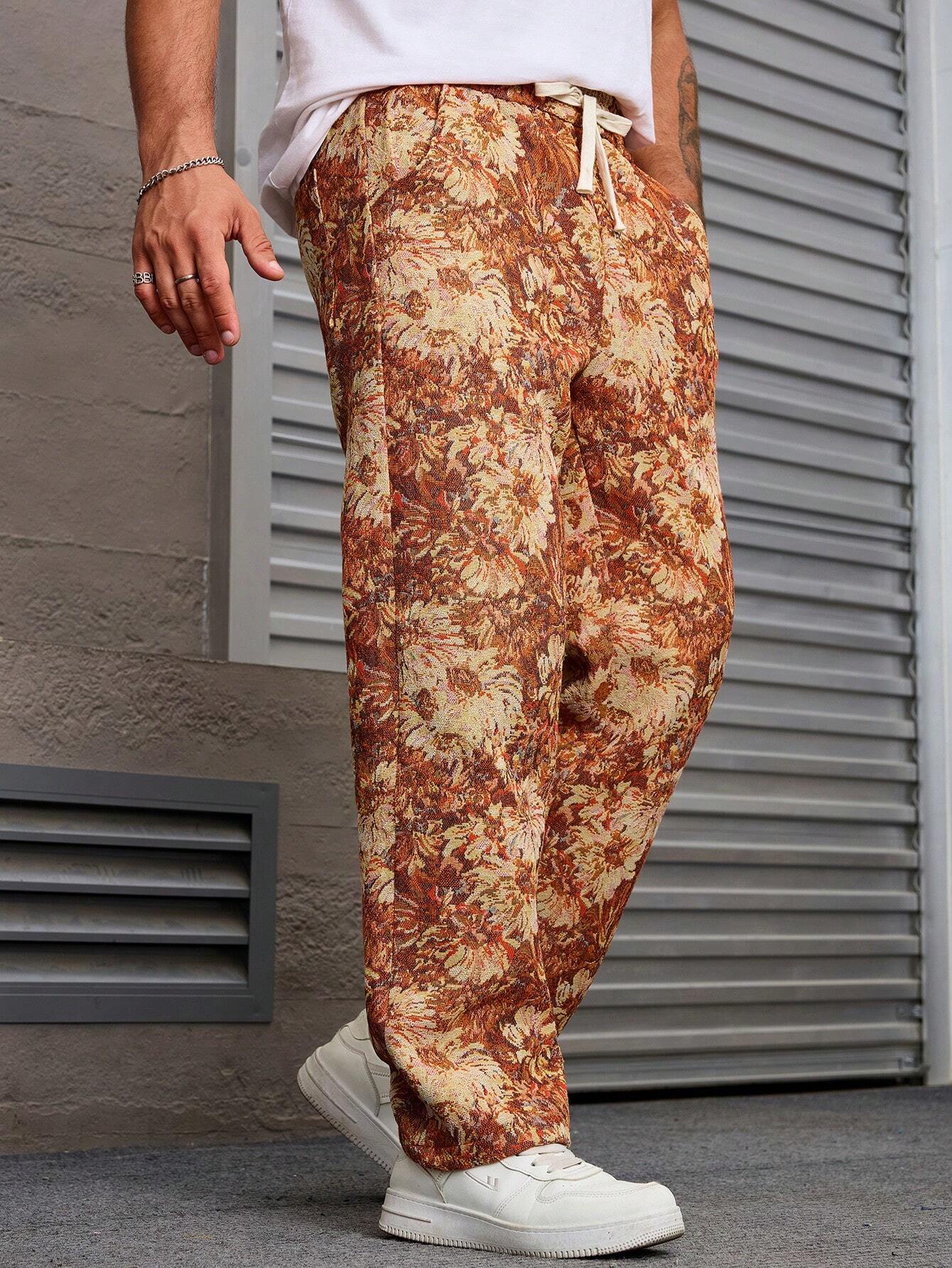 Orange Color Menβs Relaxed Fit Floral Print Casual Pants - XPPT