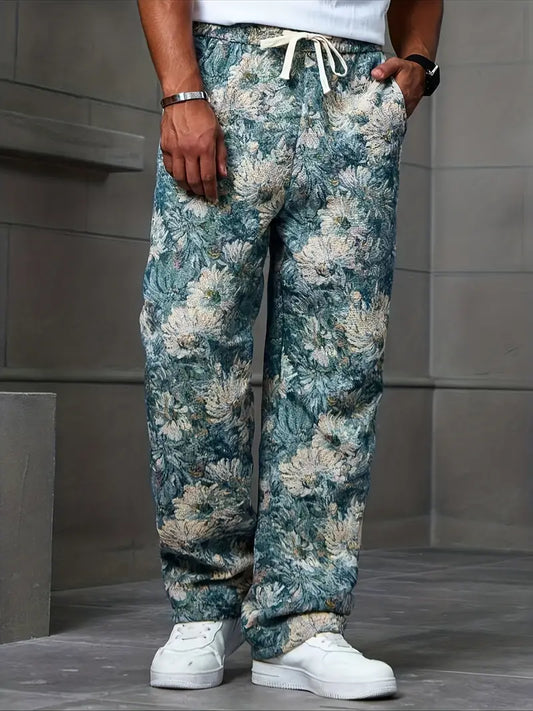 Blue Color Men’s Relaxed Fit Floral Print Casual Pants - XPPT