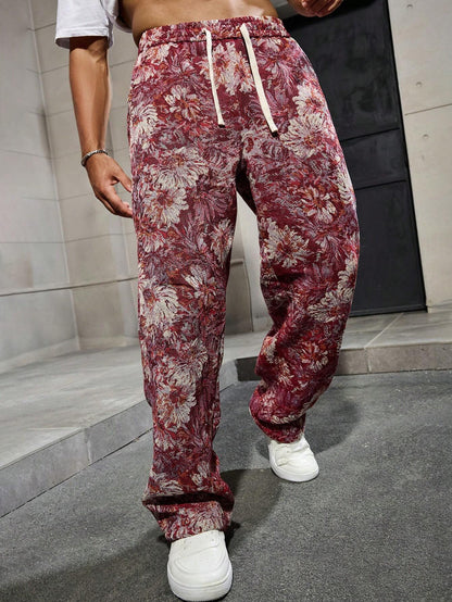 Maroon Color Men’s Relaxed Fit Floral Print Casual Pants - XPPT