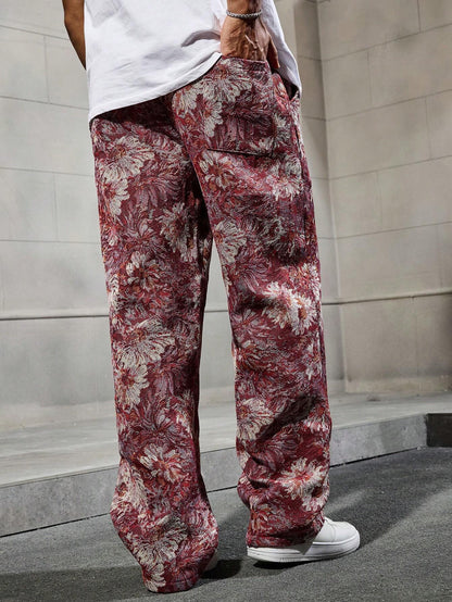 Maroon Color Men’s Relaxed Fit Floral Print Casual Pants - XPPT
