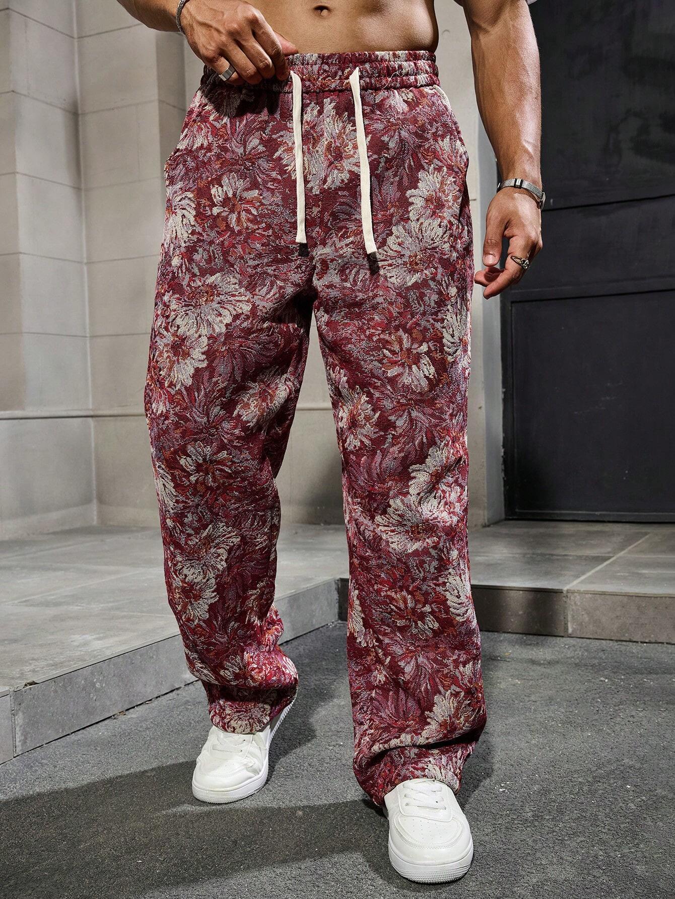 Maroon Color Men’s Relaxed Fit Floral Print Casual Pants - XPPT